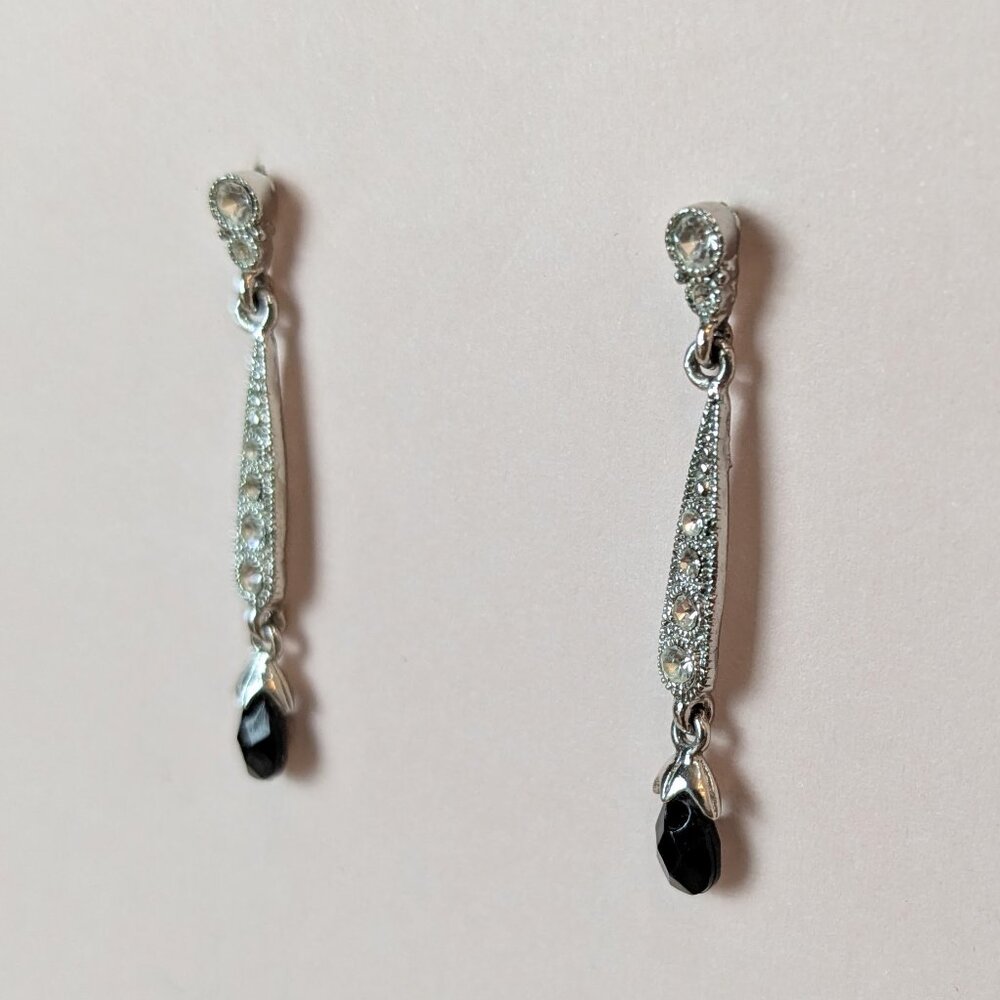 Vintage Earrings in Silver Alloy with Rhinestones and Dangling Black Bead
